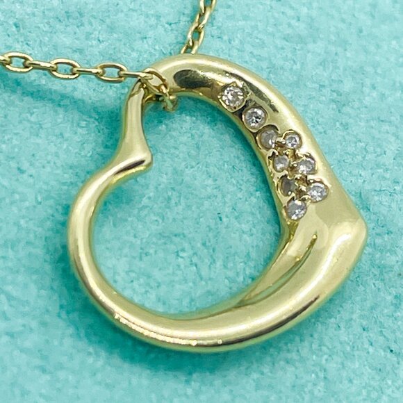Tiffany & Co. Peretti 18K Gold Diamond 15mm Open Heart Pendant Necklace 18" - Picture 11 of 13